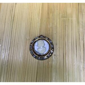 Vintage Cameo  Carved White on Blue With Rhinestone Pendant